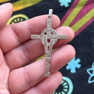 VTG Anson 1975 Stylized Love Cross Silver Tone Metal Costume Jewelry Pendant